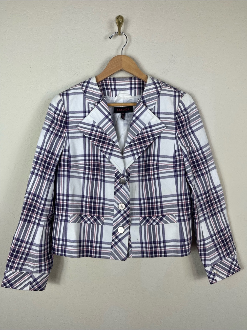 Vintage Escada Plaid Cotton Blazer Jacket Purple Size 38